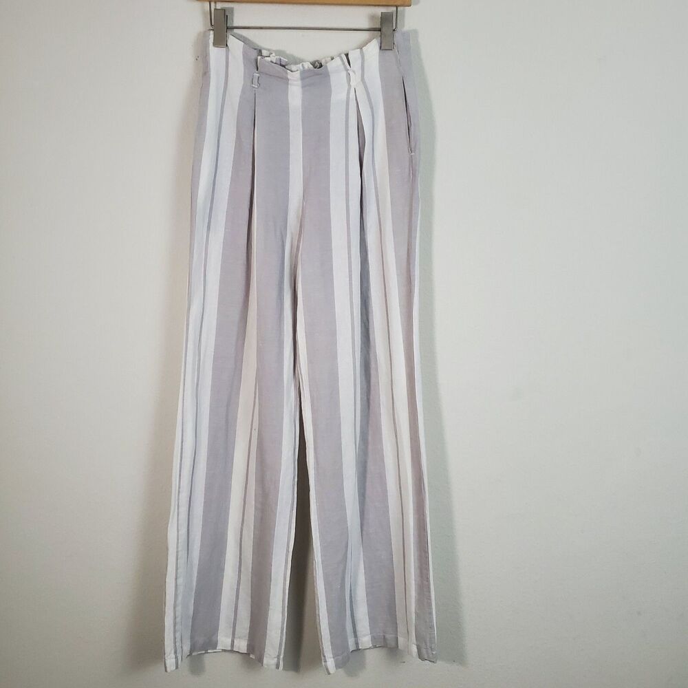 Young Fabulous & Broke Pants Medium Gray White Linen Striped Wide Leg Beach Boho